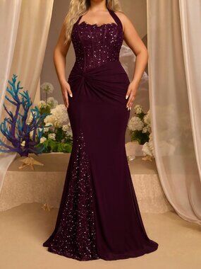 Burgundy Preppy Women's Fitted Waist Twist Fishtail Dress